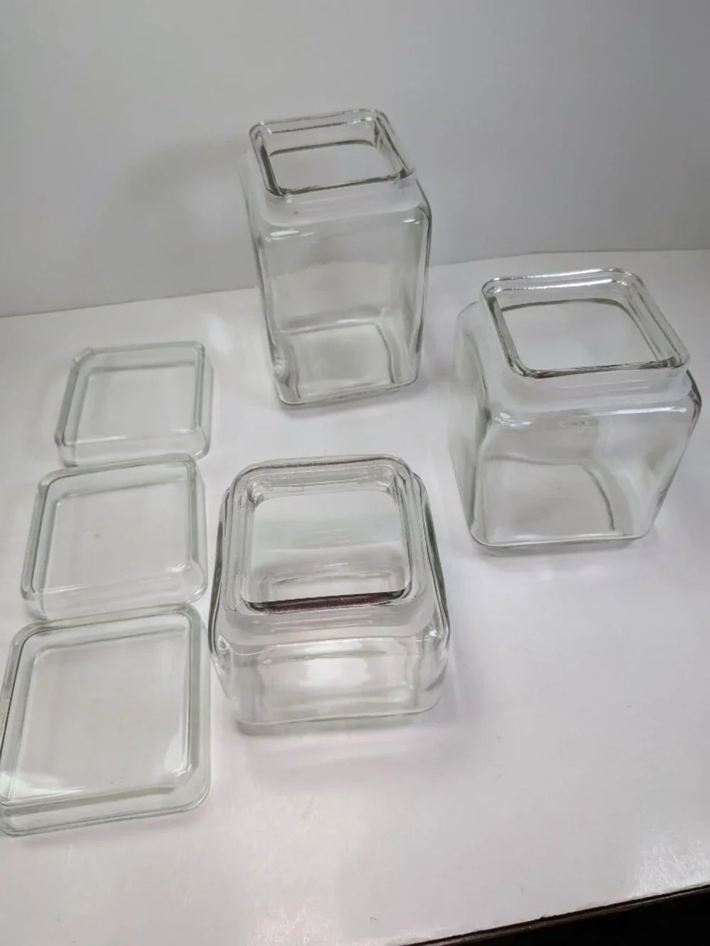 Vintage Clear Glass Square Canister Set - 3 Piece Trio Display Jars Modern